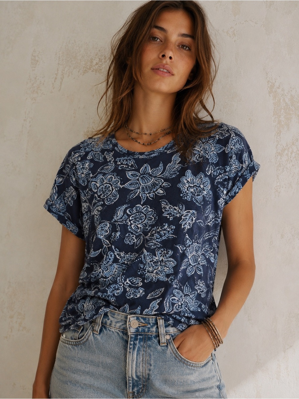 Free People We The Free Nina Boxy Tee - Indigo Combo / Blue Motif - Size XS NWT